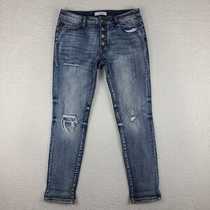 KanCan Jeans Womens 11/29 Blue Skinny Distress Button Fly Dark Wash‎ Denim